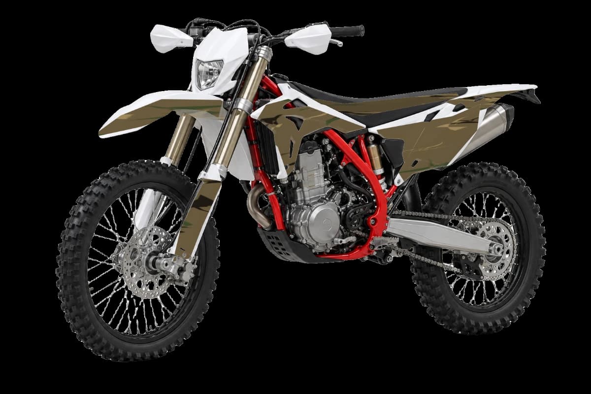 Woodland camo style dirt bike graphics kit on a Beta RR X-PRO 390 4T