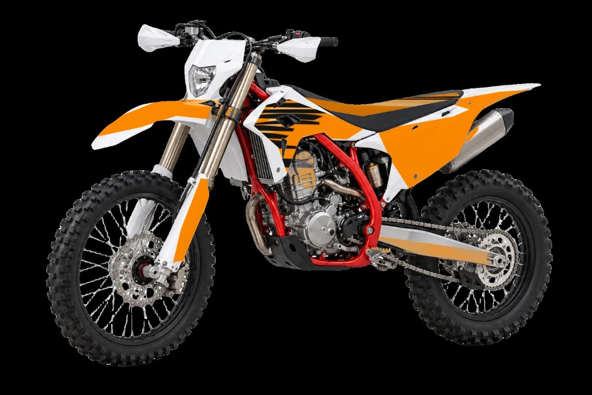 Tiger stripe style dirt bike graphics kit on a Beta RR X-PRO 480 4T