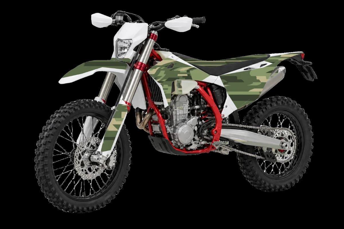 Digital camo style dirt bike graphics kit on a GasGas EC 450F