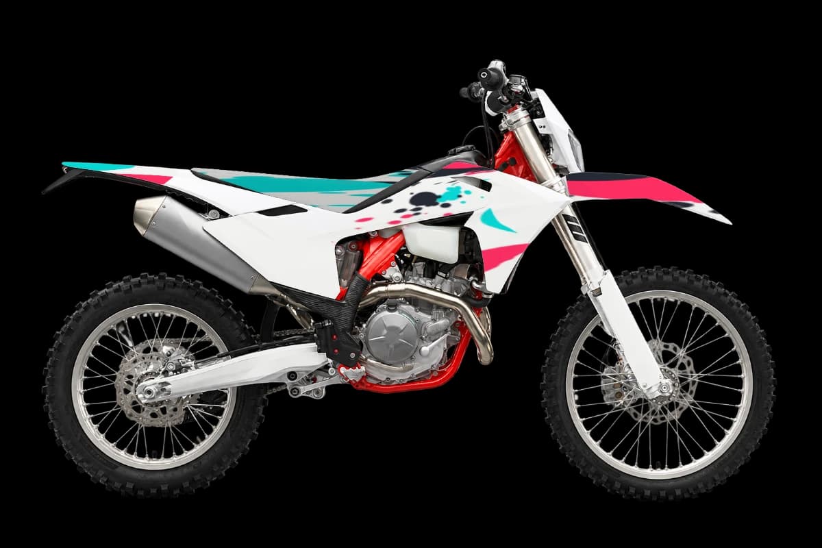 Paint splatter style dirt bike graphics kit on a GasGas EC 450F