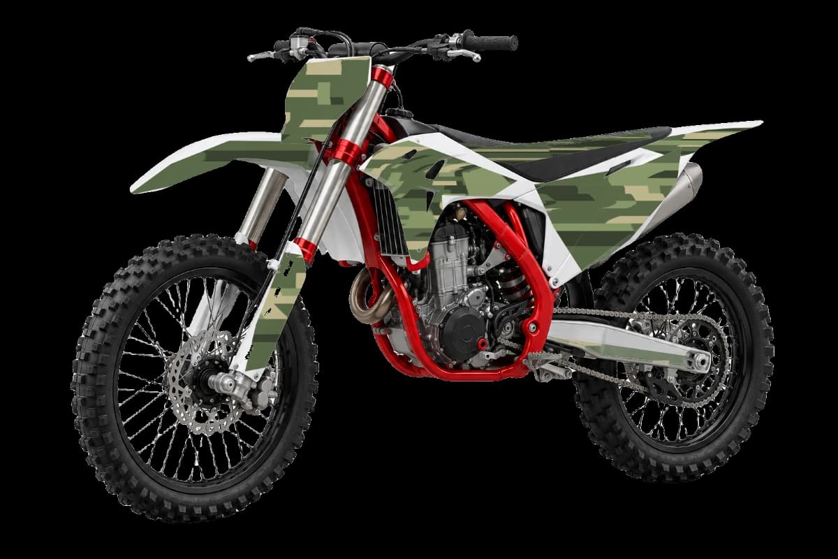 Digital camo style dirt bike graphics kit on a GasGas MC 250F