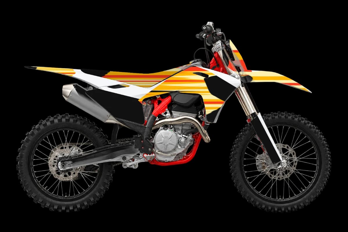 Flame style dirt bike graphics kit on a GasGas MC 250F