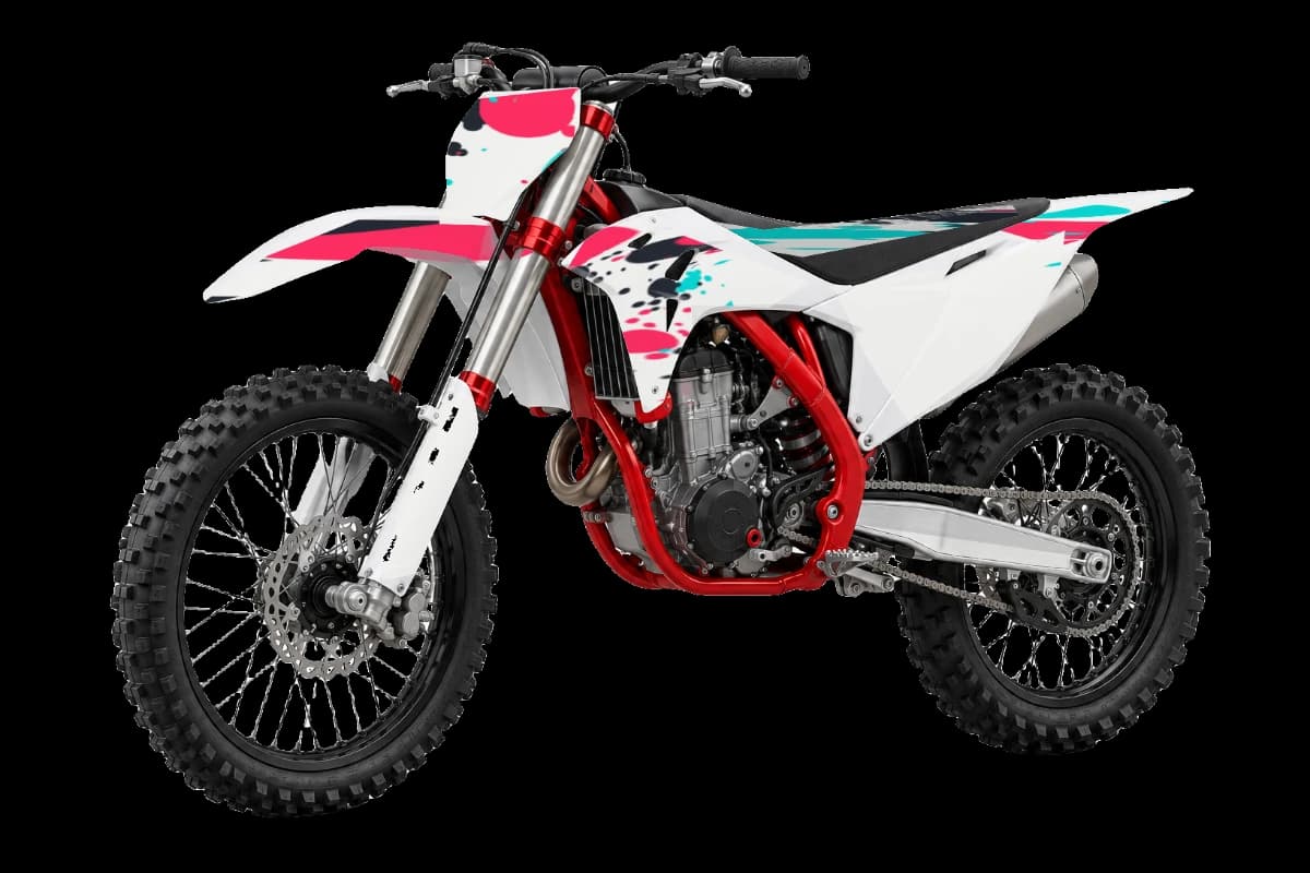 Paint splatter style dirt bike graphics kit on a GasGas MC 250F