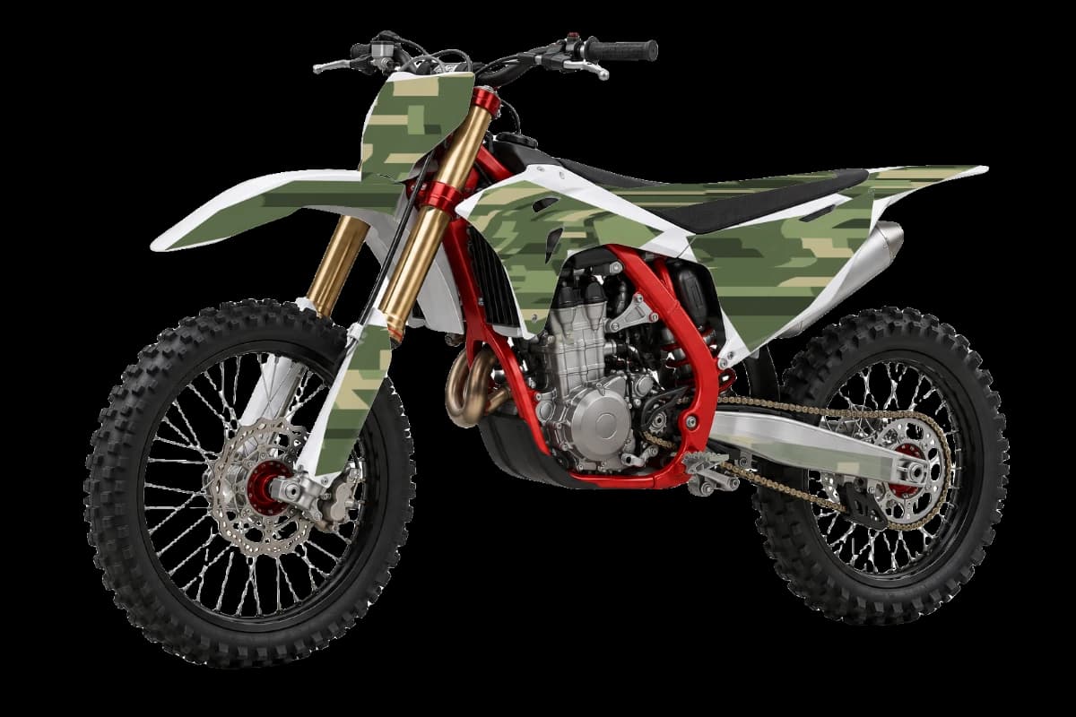 Digital Camo style dirt bike graphics kit on a GasGas MC 450F