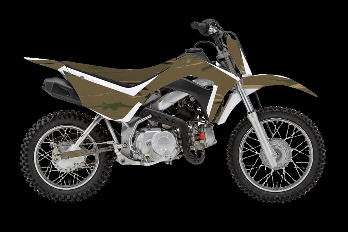 Woodland camo style dirt bike graphics kit on a Honda CRF110F