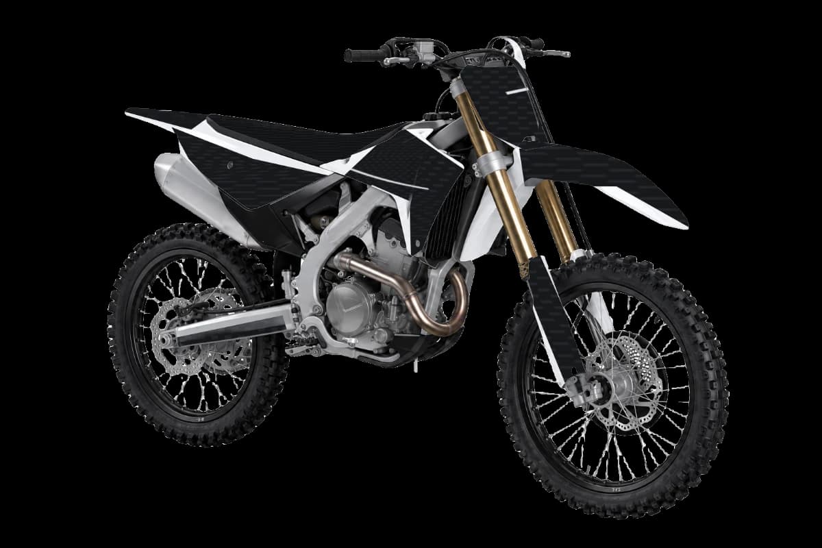 Carbon fiber graphics kit on a Honda CRF250R, front angle, gloss finish