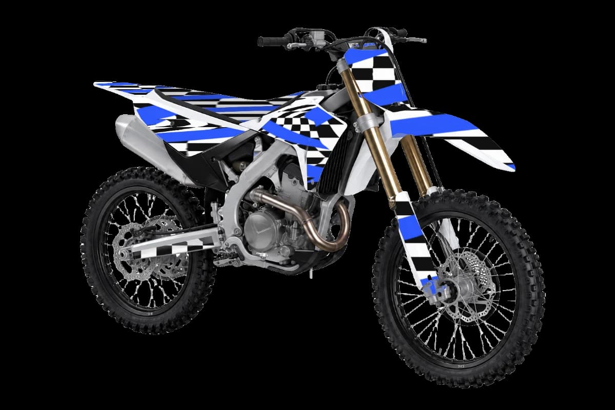Checkered Rush style dirt bike graphics kit on a Honda CRF250R