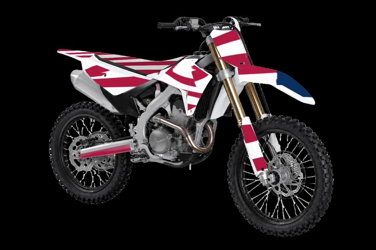 Old Glory style dirt bike graphics kit on a Honda CRF250R