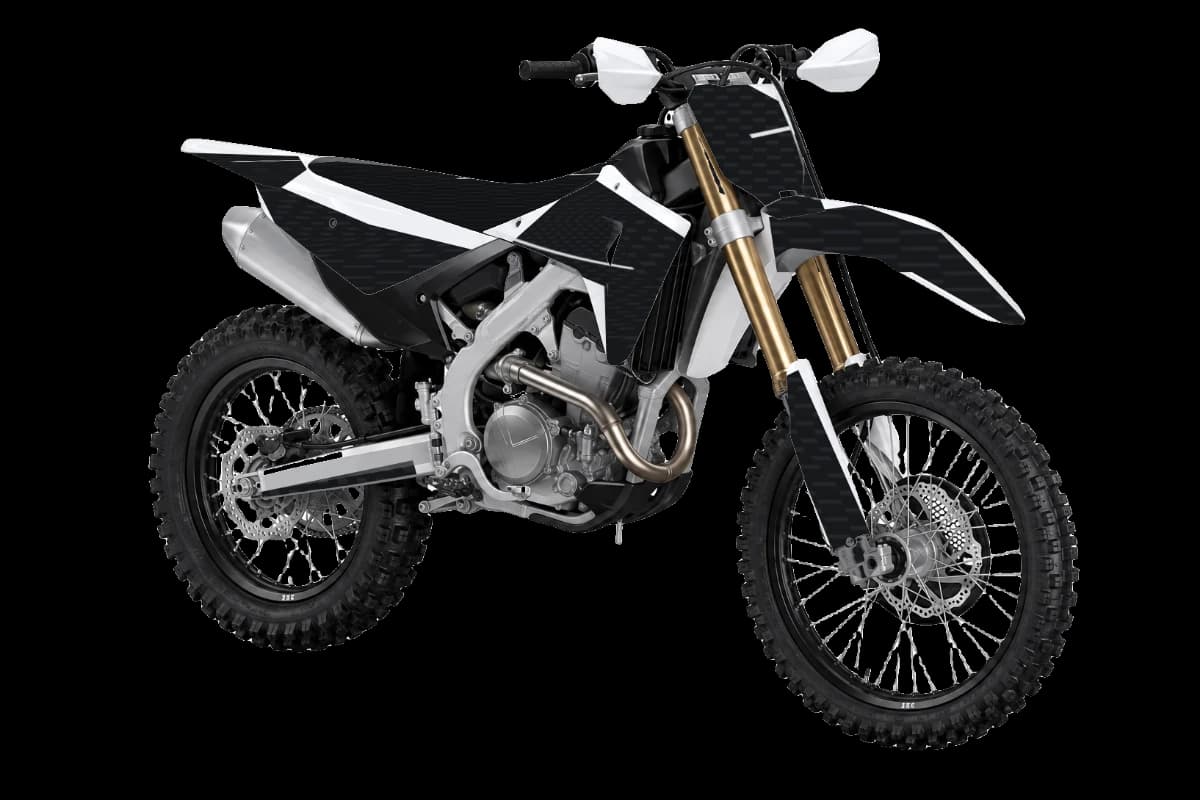 Carbon fiber style dirt bike graphics kit on a Honda CRF250RX