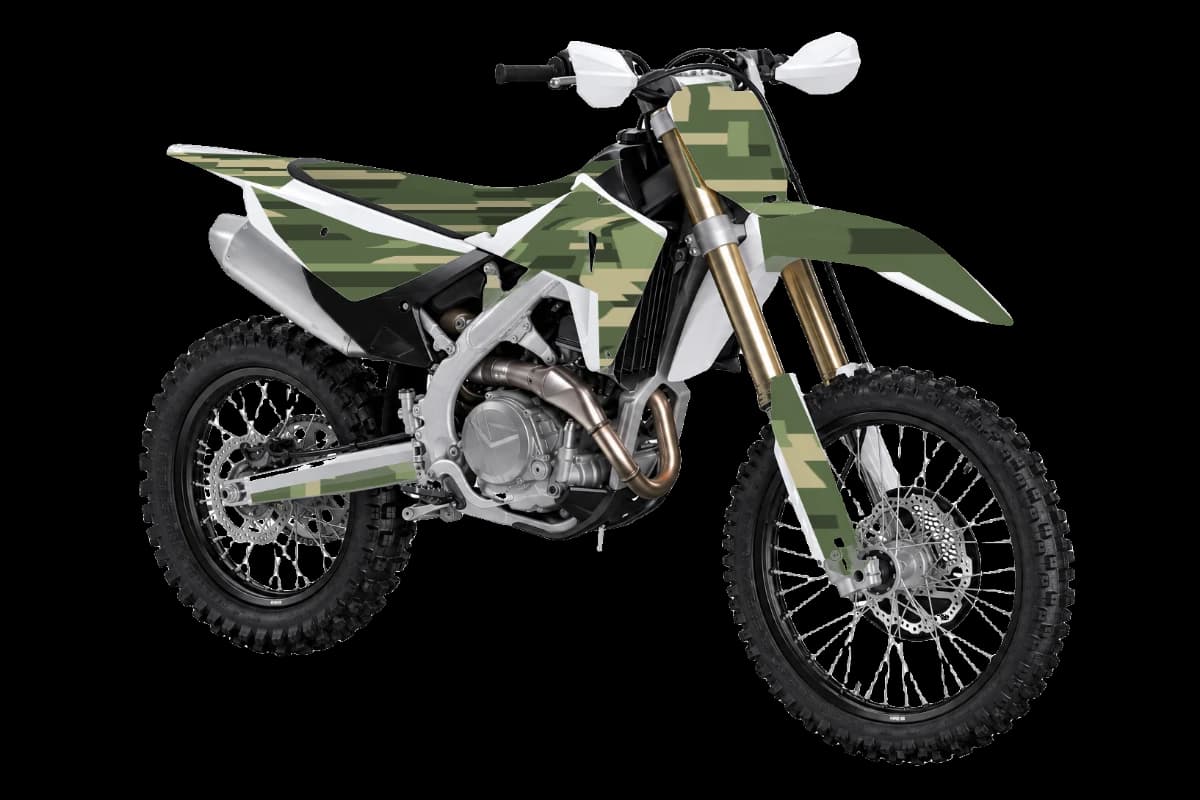 Digital camo style dirt bike graphics kit on a Honda CRF450RX