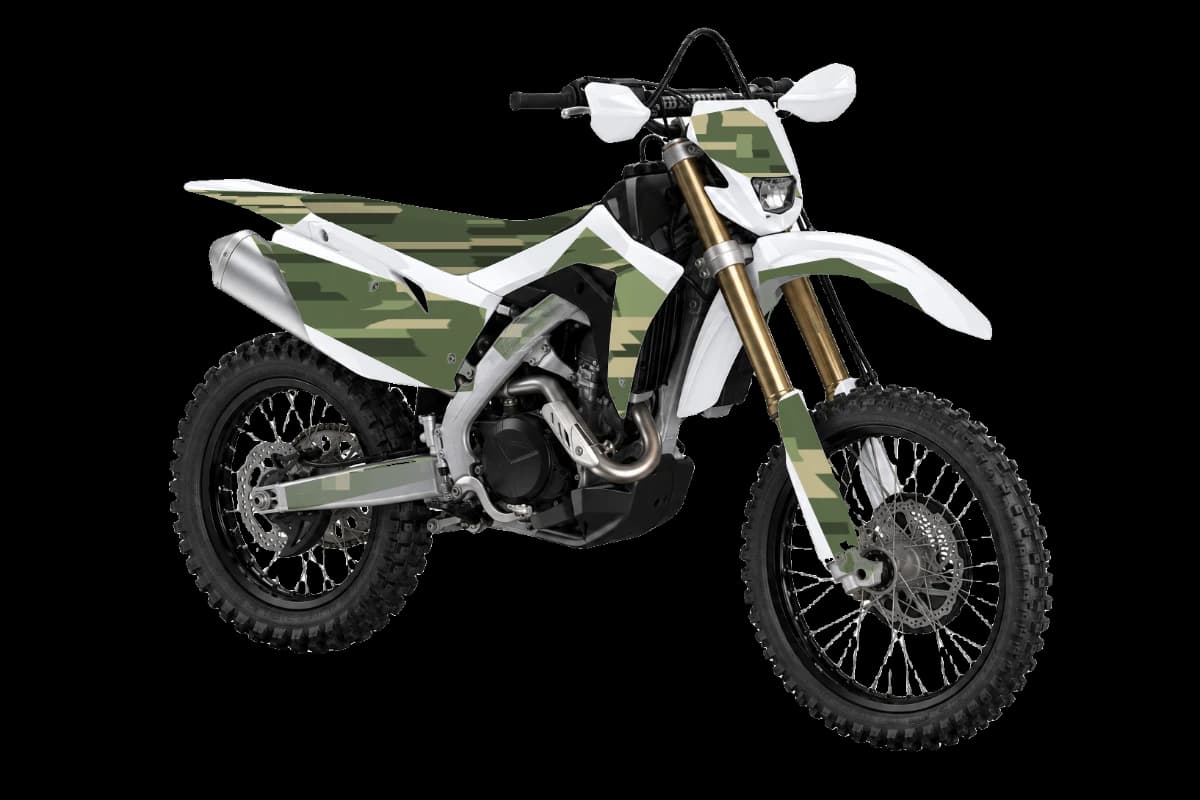 Digital camo style dirt bike graphics kit on a Honda CRF450X