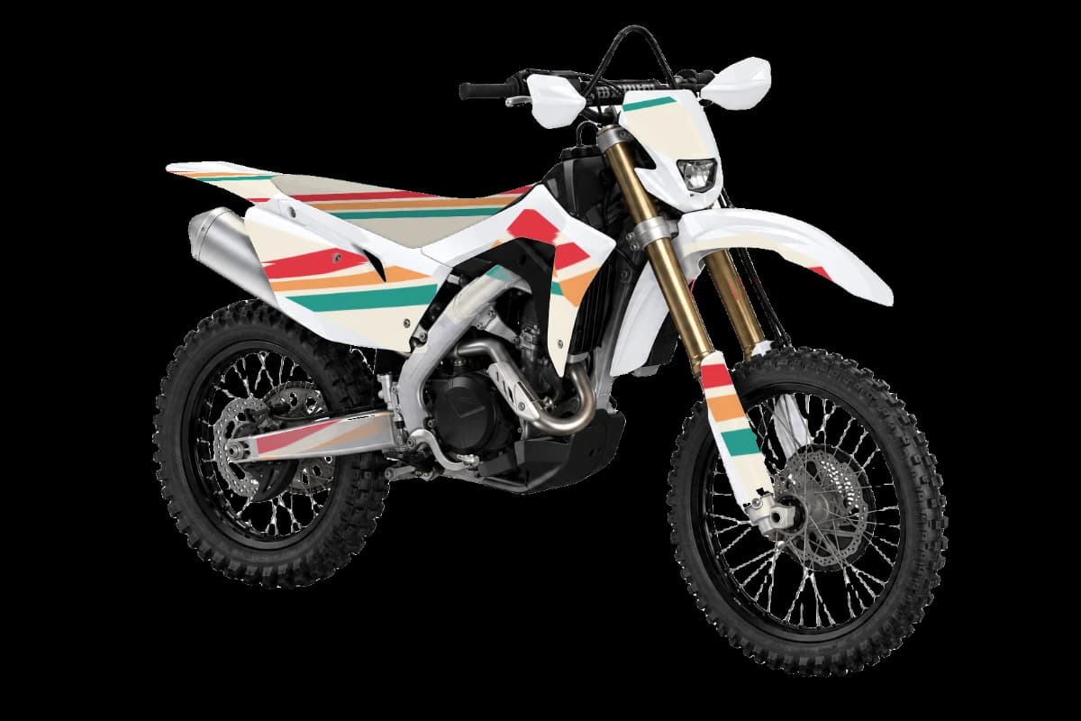 Retro style dirt bike graphics kit on a Honda CRF450X