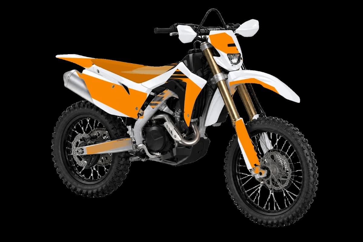 Tiger stripe style dirt bike graphics kit on a Honda CRF450X