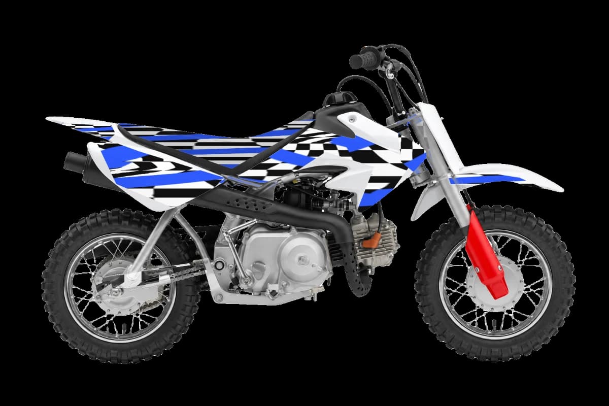 Checkered style dirt bike graphics kit on a Honda CRF50F