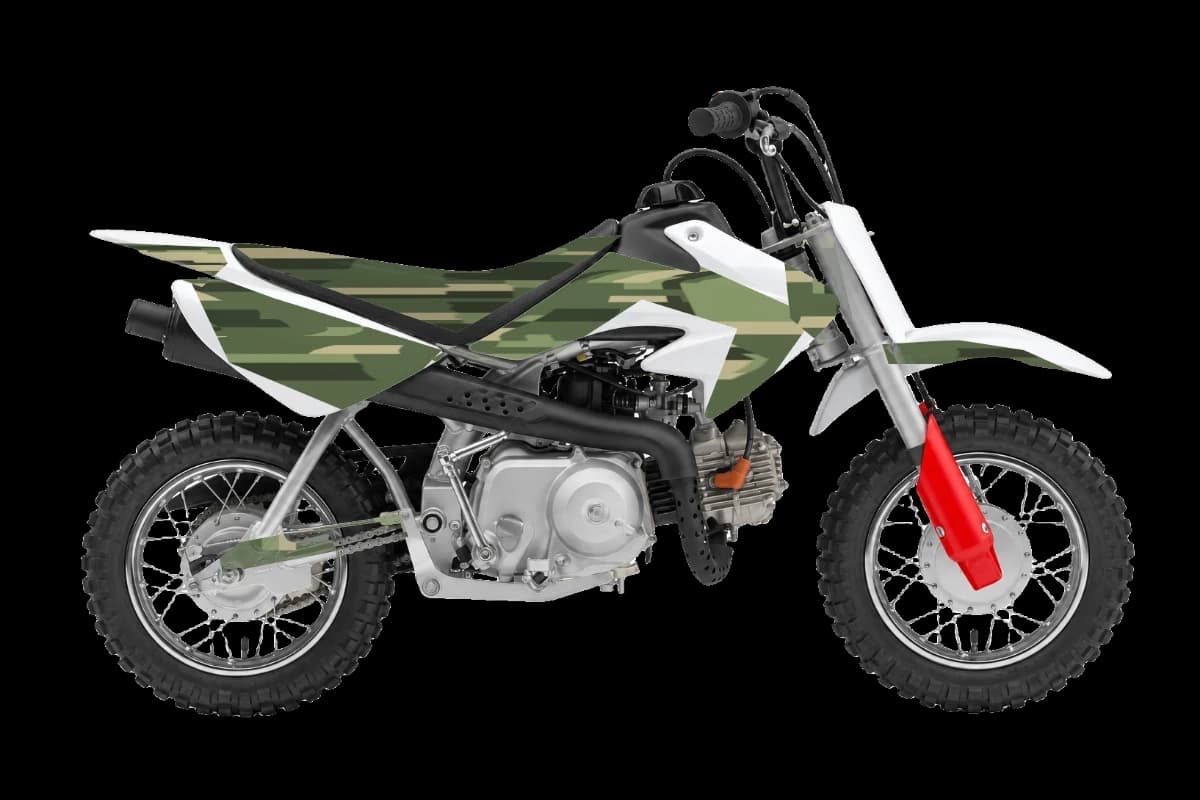 Digital camo style dirt bike graphics kit on a Honda CRF50F