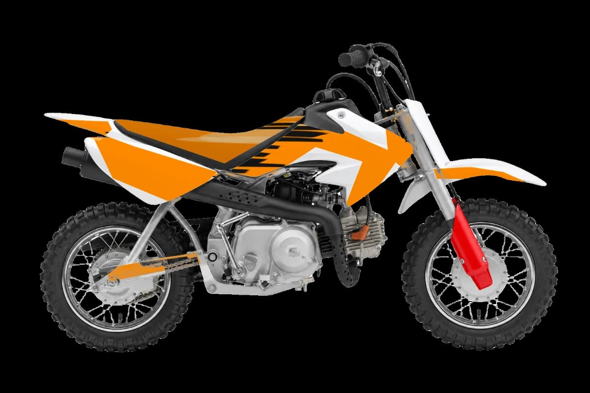 Tiger stripe style dirt bike graphics kit on a Honda CRF50F