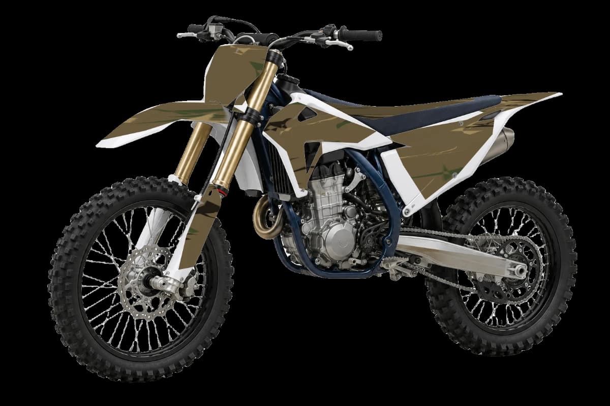 Woodland camo graphics kit on a Husqvarna FC 450, front angle, gloss finish