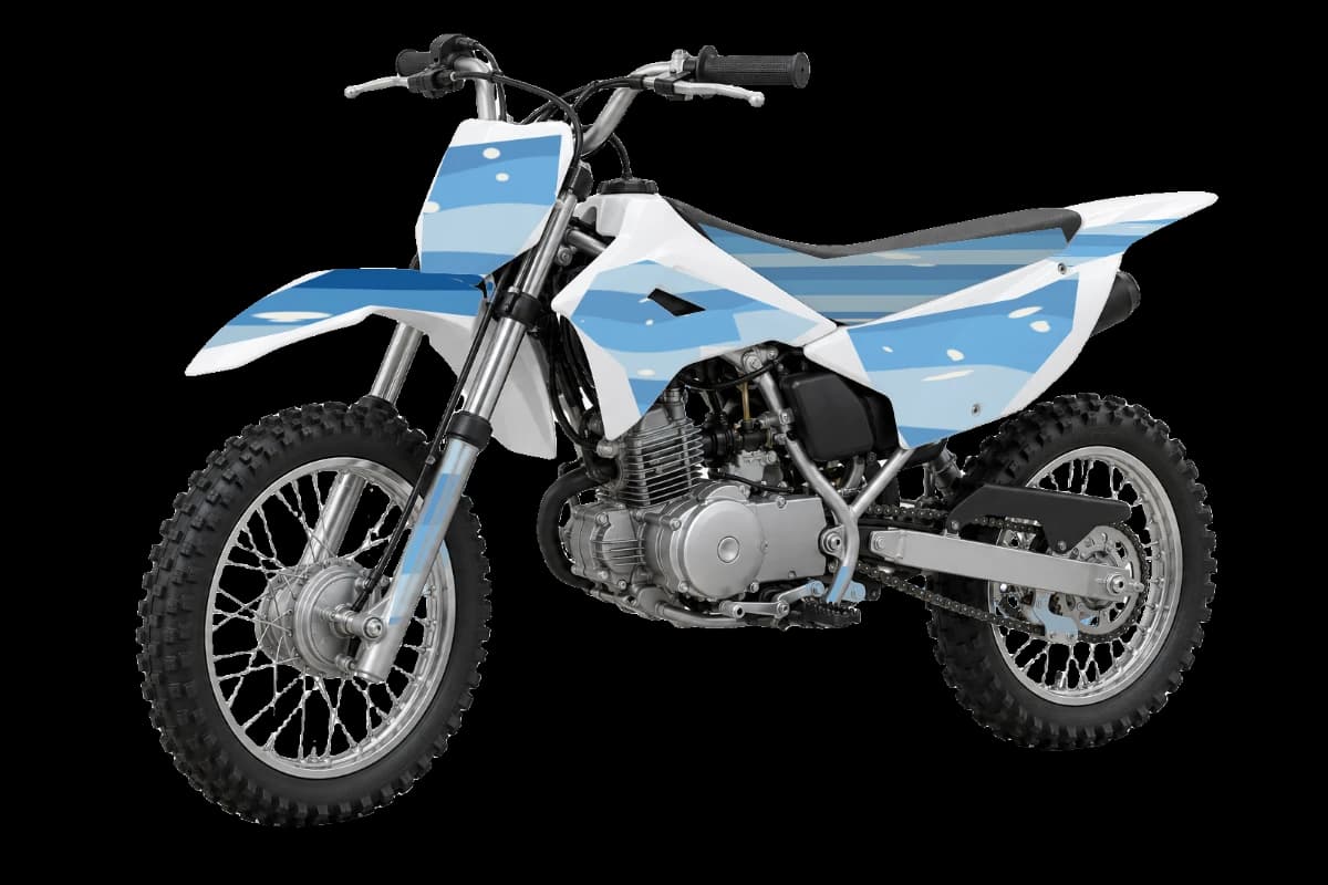 Wave style dirt bike graphics kit on a Kawasaki KLX110R
