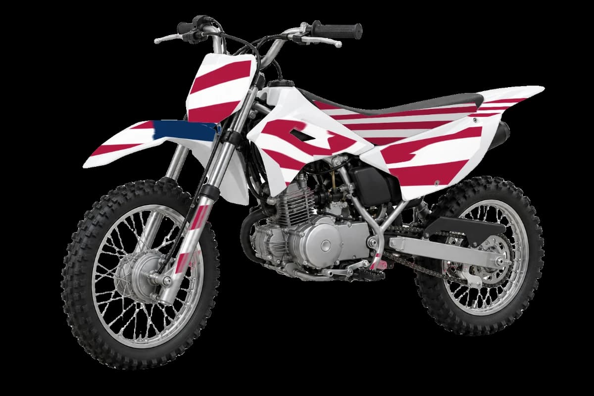 American flag style dirt bike graphics kit on a Kawasaki KLX110R