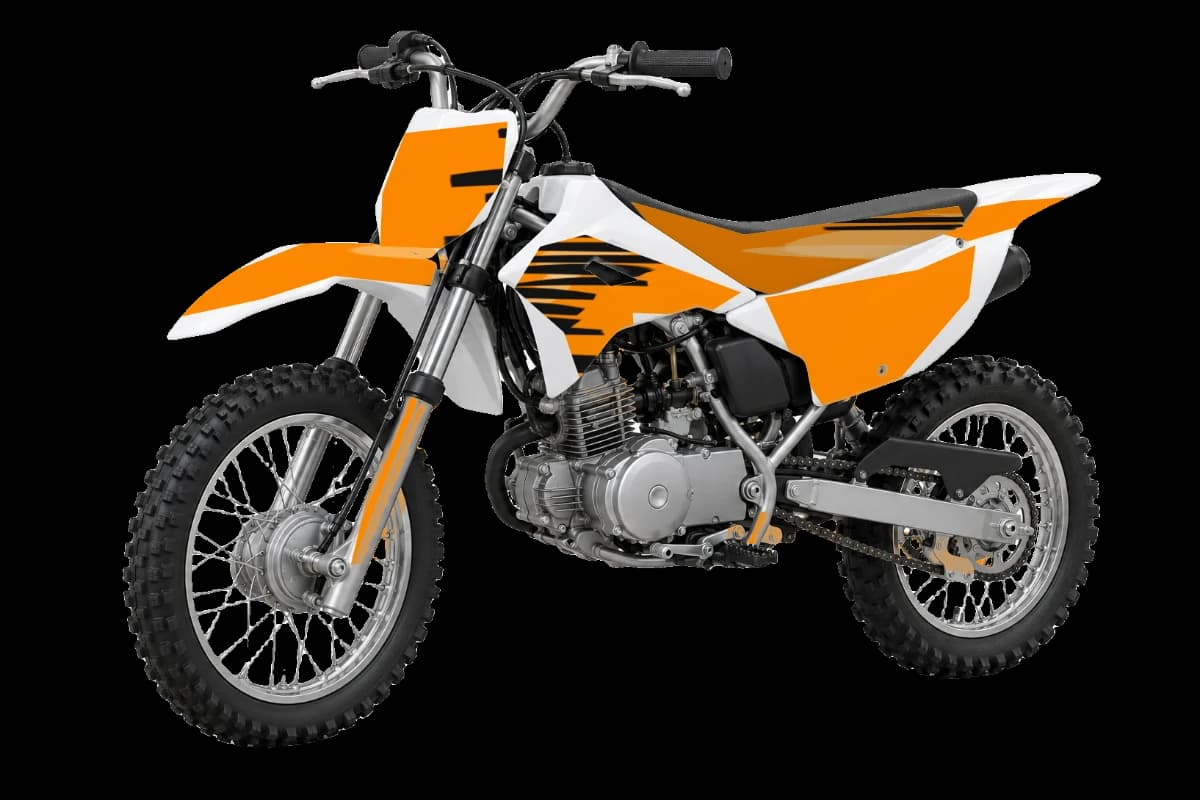 Tiger stripe style dirt bike graphics kit on a Kawasaki KLX110R