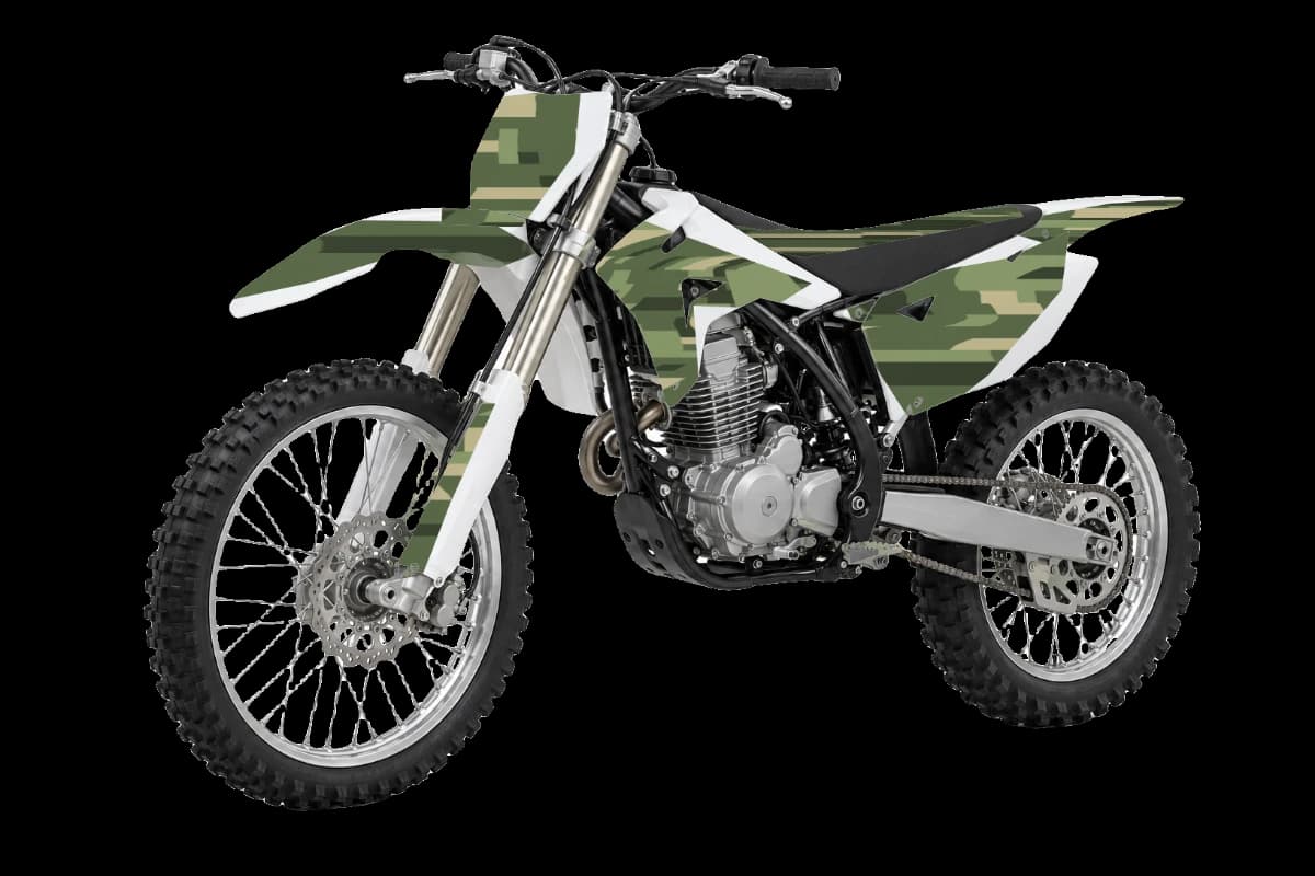 Digital camo style dirt bike graphics kit on a Kayo K2