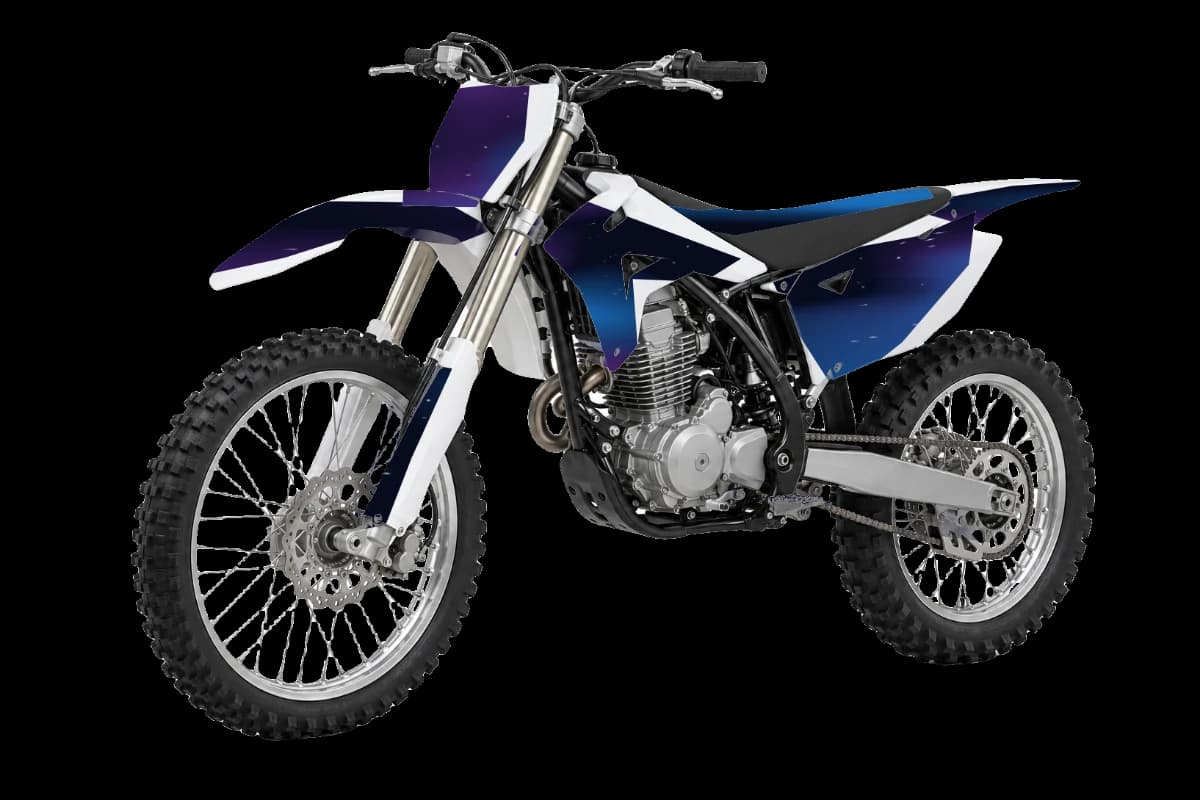 Galaxy style dirt bike graphics kit on a Kayo K2