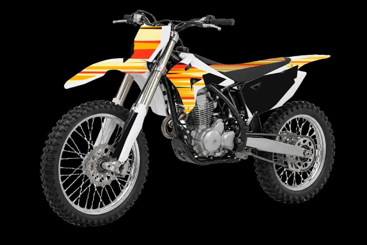 Flame style dirt bike graphics kit on a Kayo K2