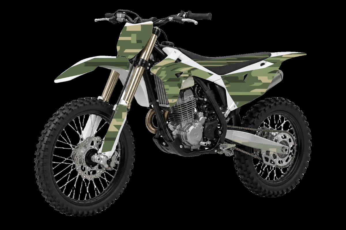Digital camo style dirt bike graphics kit on a Kayo K4