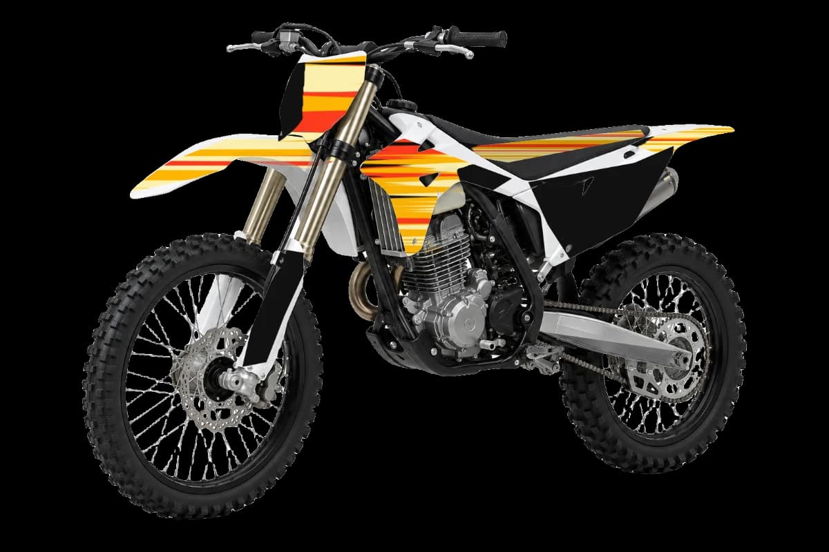 Flame style dirt bike graphics kit on a Kayo K4