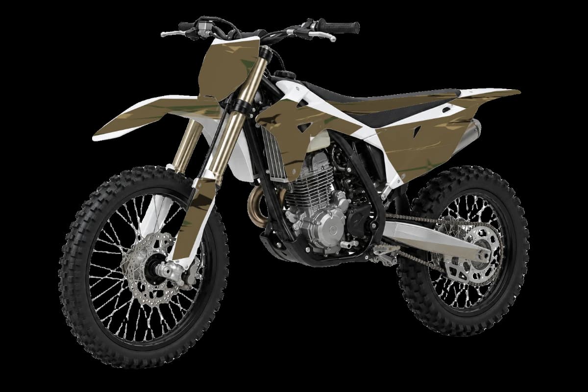 Woodland camo style dirt bike graphics kit on a Kayo K4