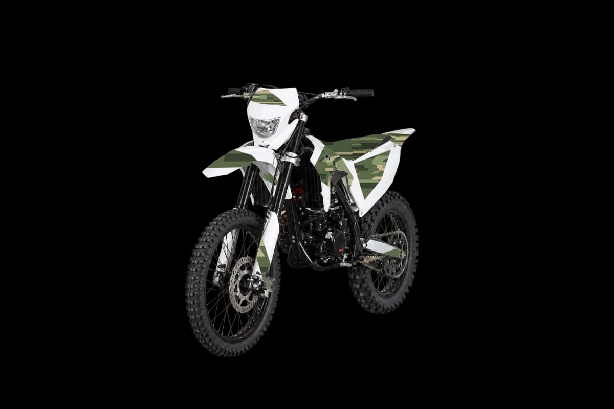 Digital camo style dirt bike graphics kit on a Kayo K5