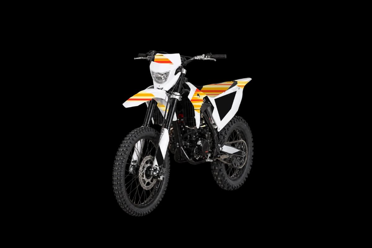 Flame style dirt bike graphics kit on a Kayo K5