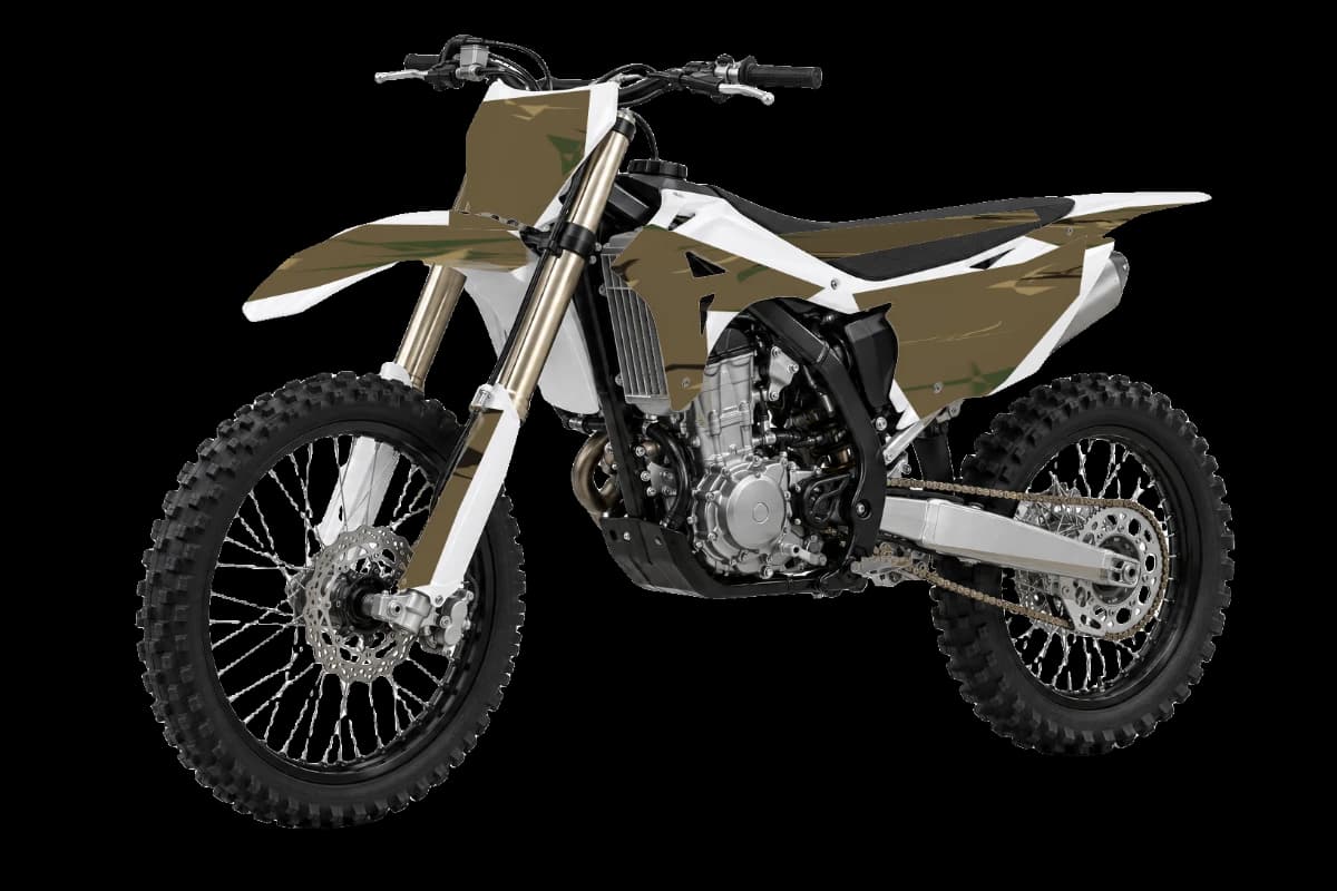 Woodland camo style dirt bike graphics kit on a Kayo K5