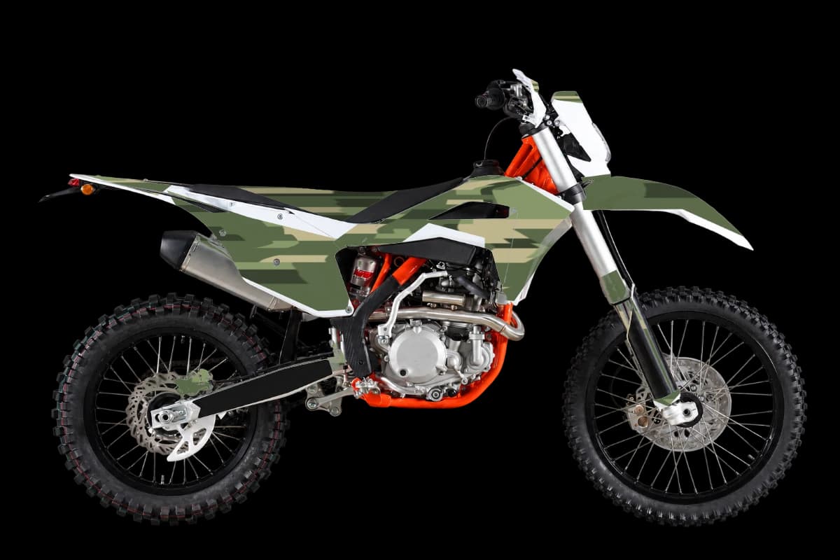 Digital camo style dirt bike graphics kit on a Kayo K6