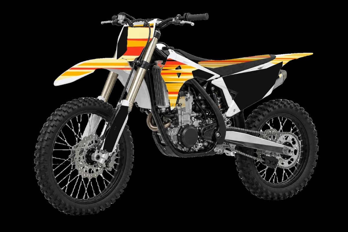 Flame style dirt bike graphics kit on a Kayo K6