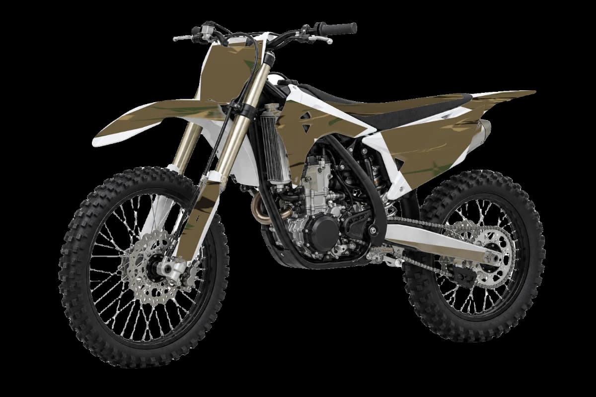 Woodland camo style dirt bike graphics kit on a Kayo K6
