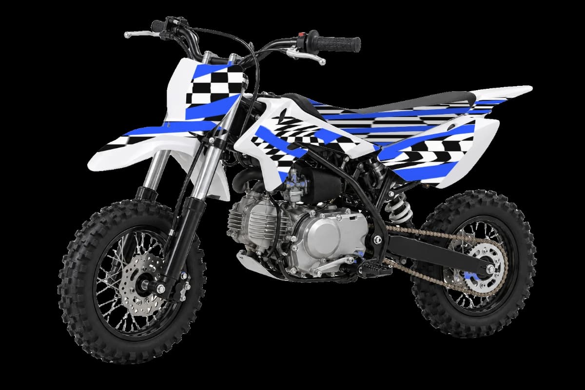 Checkered style dirt bike graphics kit on a Kayo KMB