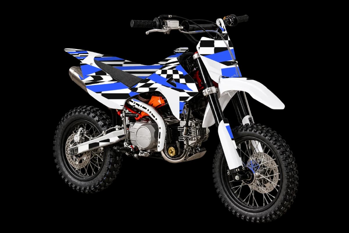 Checkered style dirt bike graphics kit on a Kayo TD110