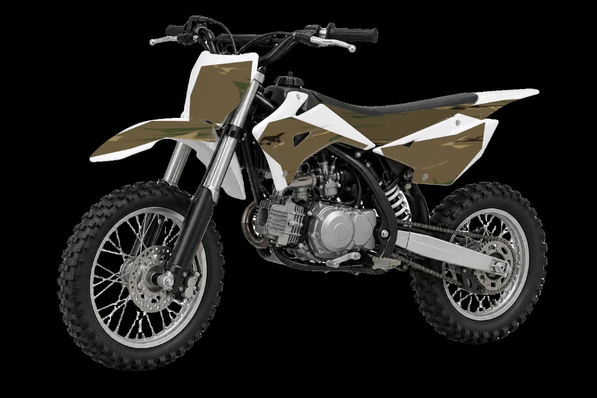 Woodland camo style dirt bike graphics kit on a Kayo TD110