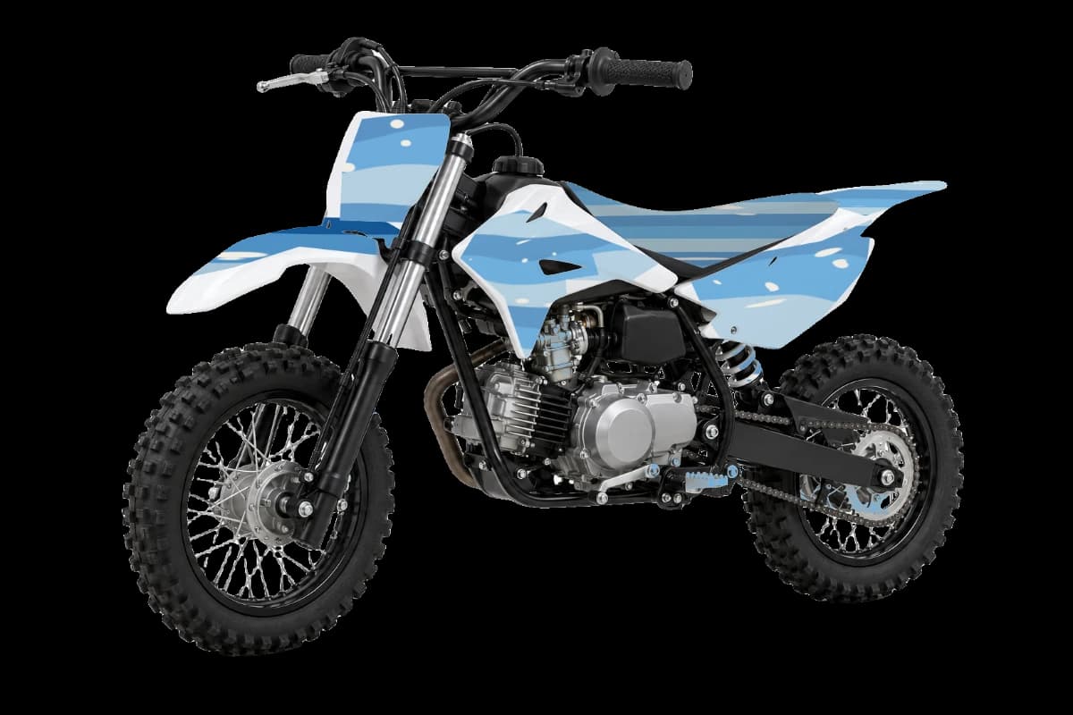 Wave style dirt bike graphics kit on a Kayo TS70