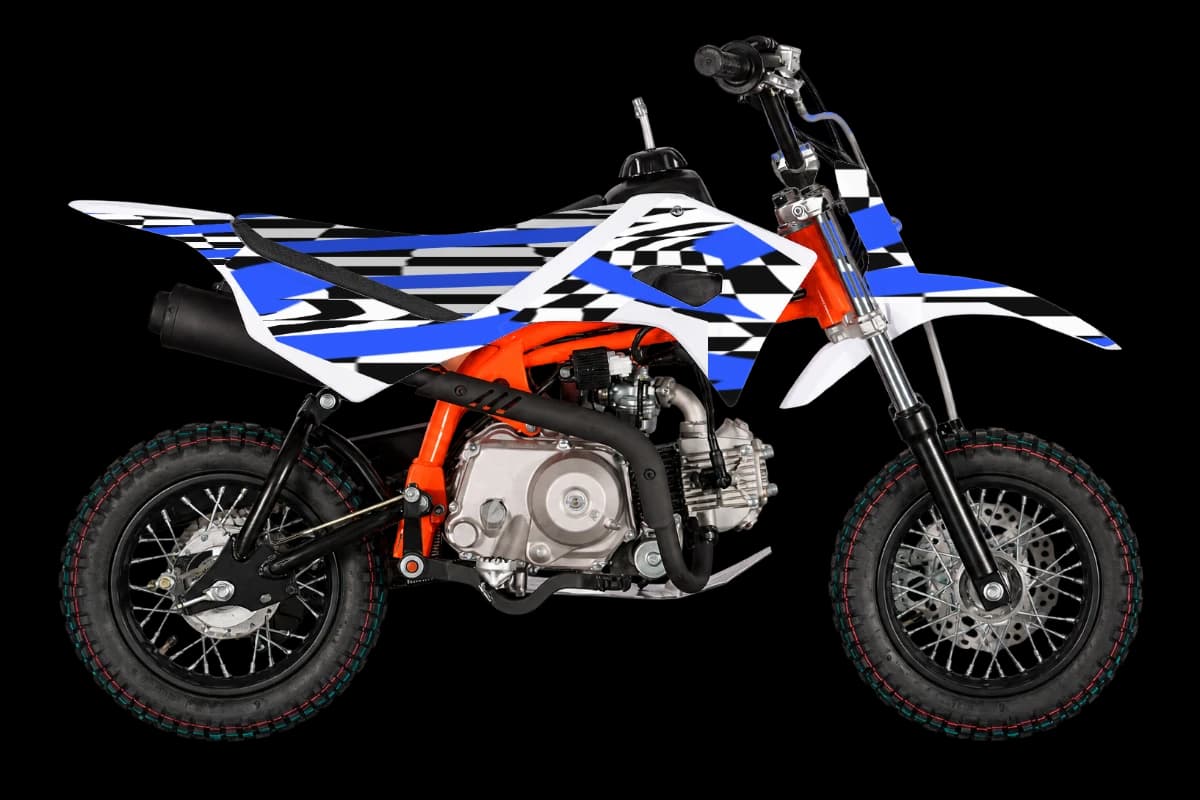 Checkered style dirt bike graphics kit on a Kayo TS70