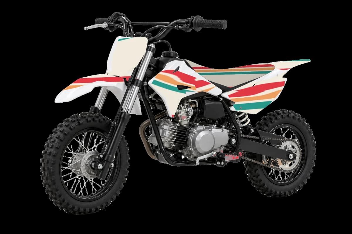 Retro style dirt bike graphics kit on a Kayo TS70