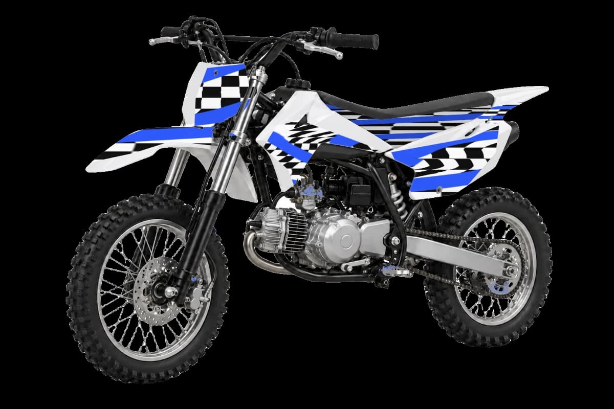 Checkered style dirt bike graphics kit on a Kayo TS90