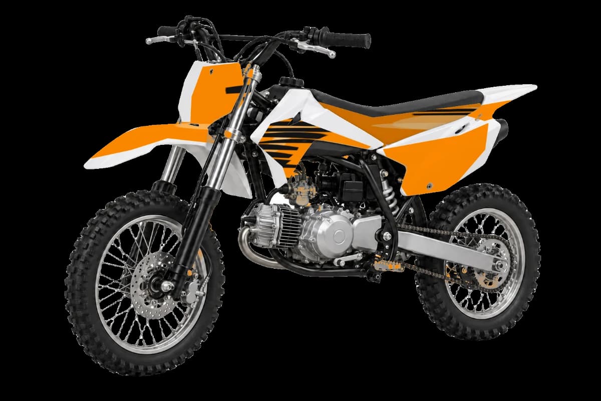 Tiger stripe style dirt bike graphics kit on a Kayo TS90
