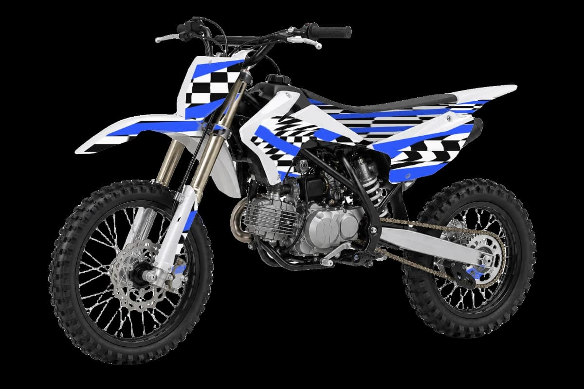 Checkered style dirt bike graphics kit on a Kayo TT140