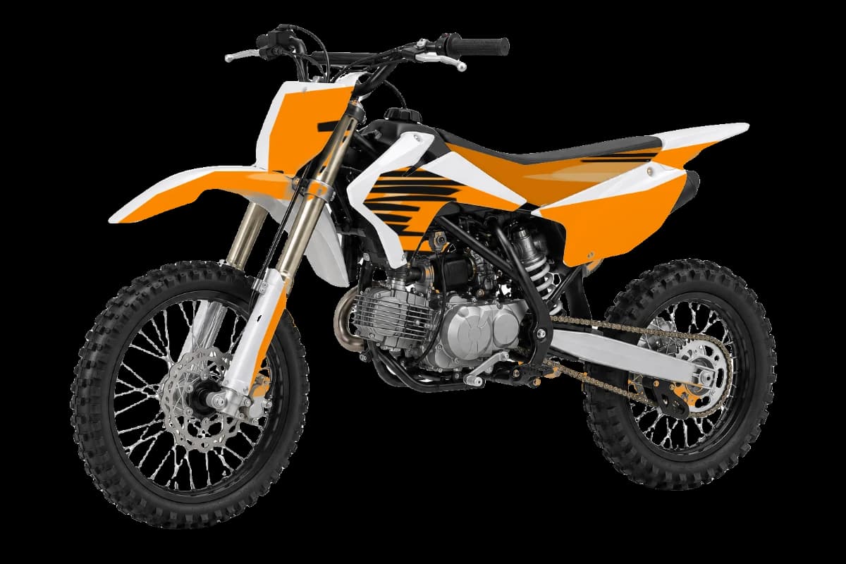 Tiger stripe style dirt bike graphics kit on a Kayo TT140