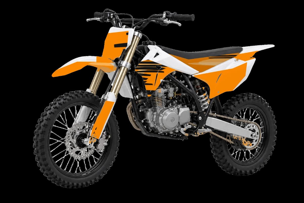 Tiger stripe style dirt bike graphics kit on a Kayo TT160