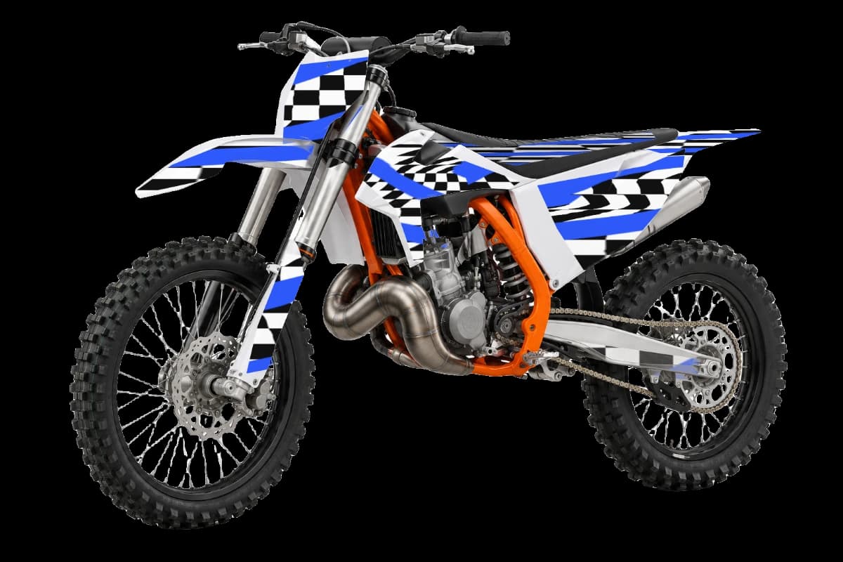 Checkered Rush style dirt bike graphics kit on a KTM 125 SX