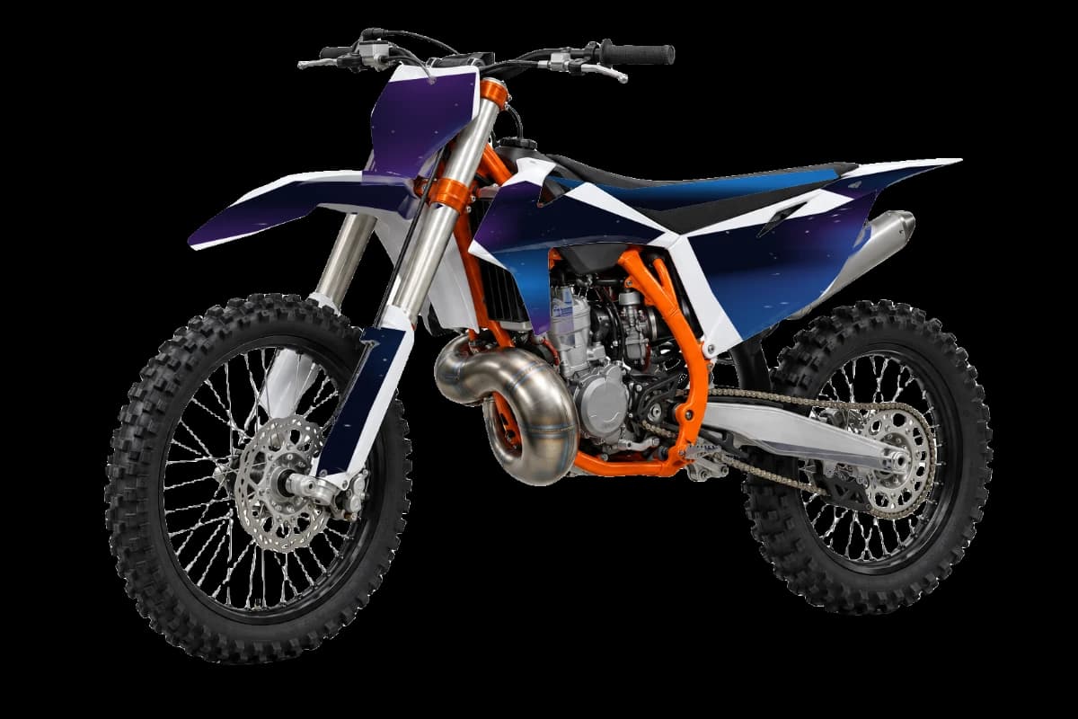 Galaxy style dirt bike graphics kit on a KTM 250 SX