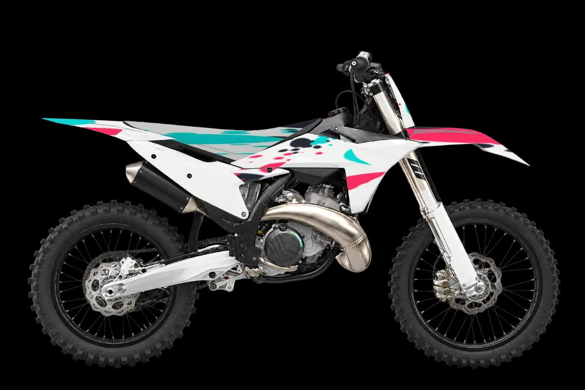 Paint splatter style dirt bike graphics kit on a KTM 250 SX